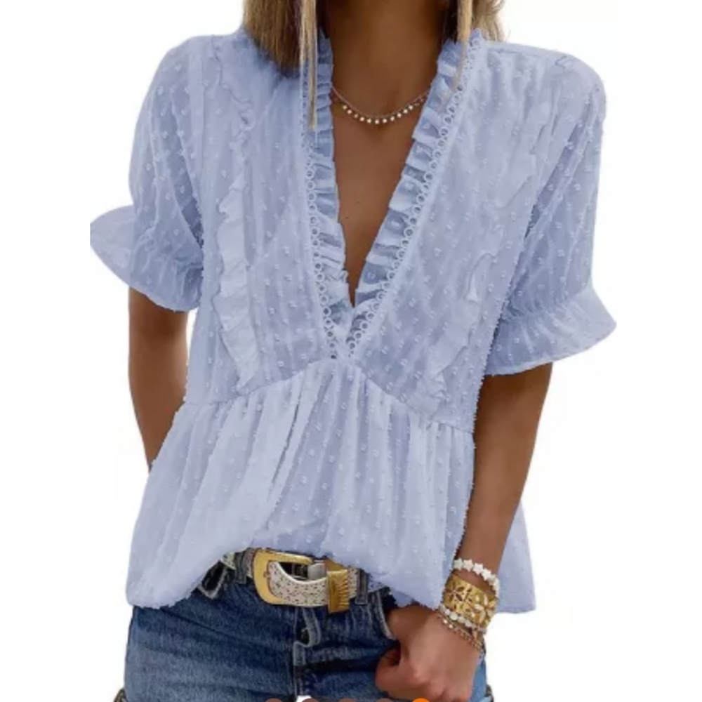 ❤New boutique deep v ruffle dot top